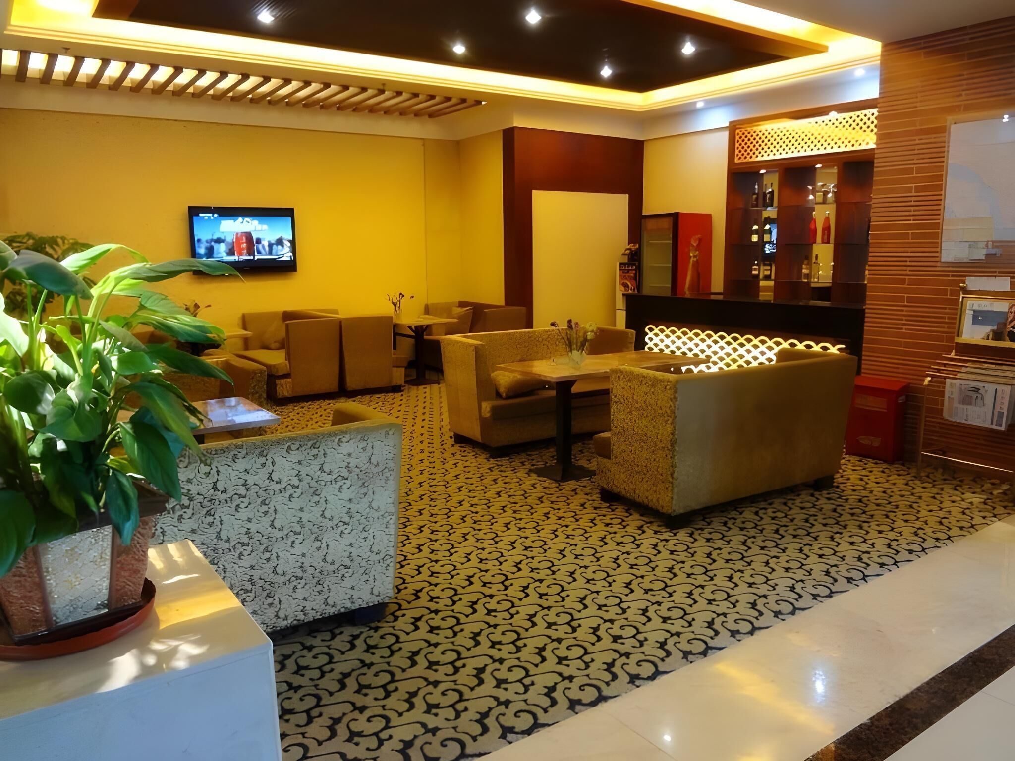 A lobby with sofas, a TV, a reception desk, and a patterned floor.
