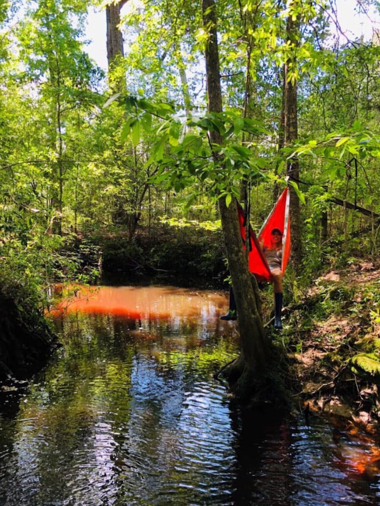A natural setting with a red hammock hanging from a tree over a calm river surrounded by dense greenery.