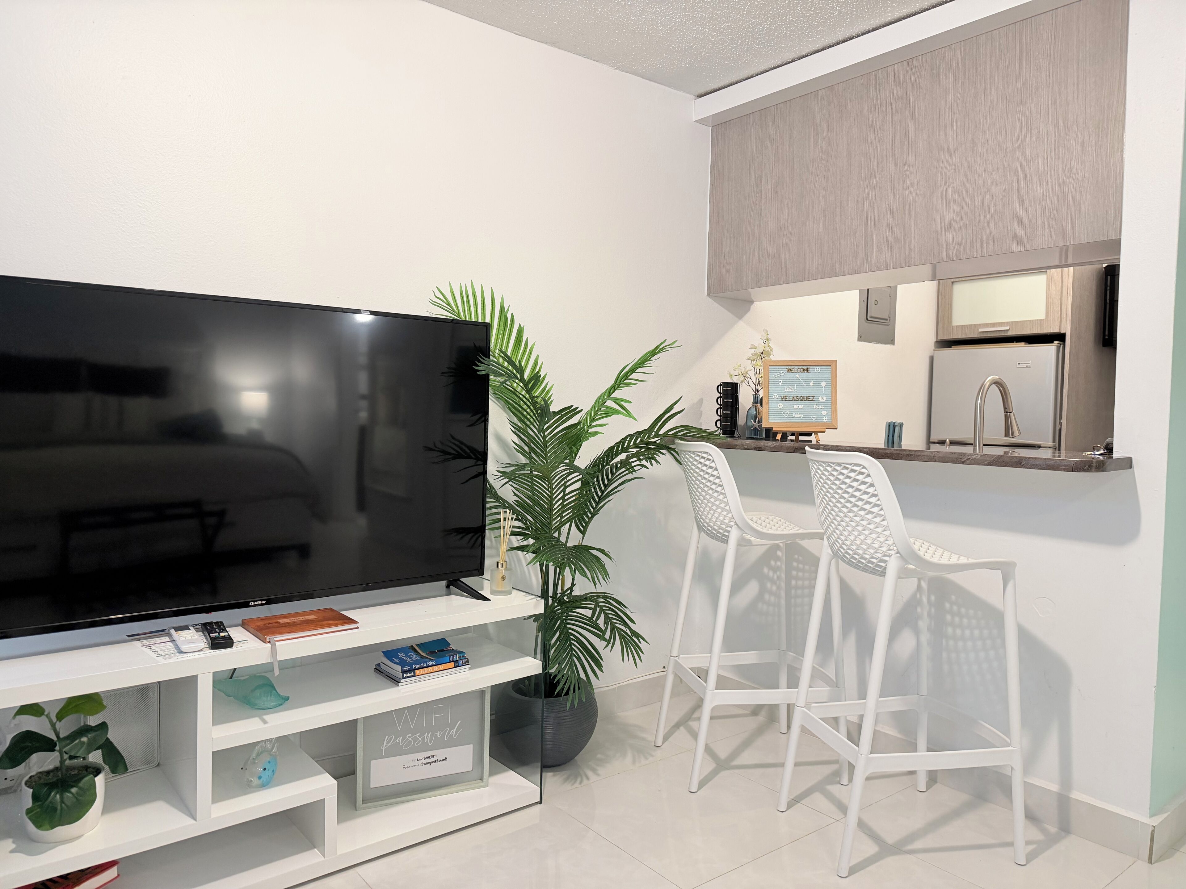 A modern living room with a flat-screen TV, a coffee table, a potted plant, and a small bar area with a sink and seating.