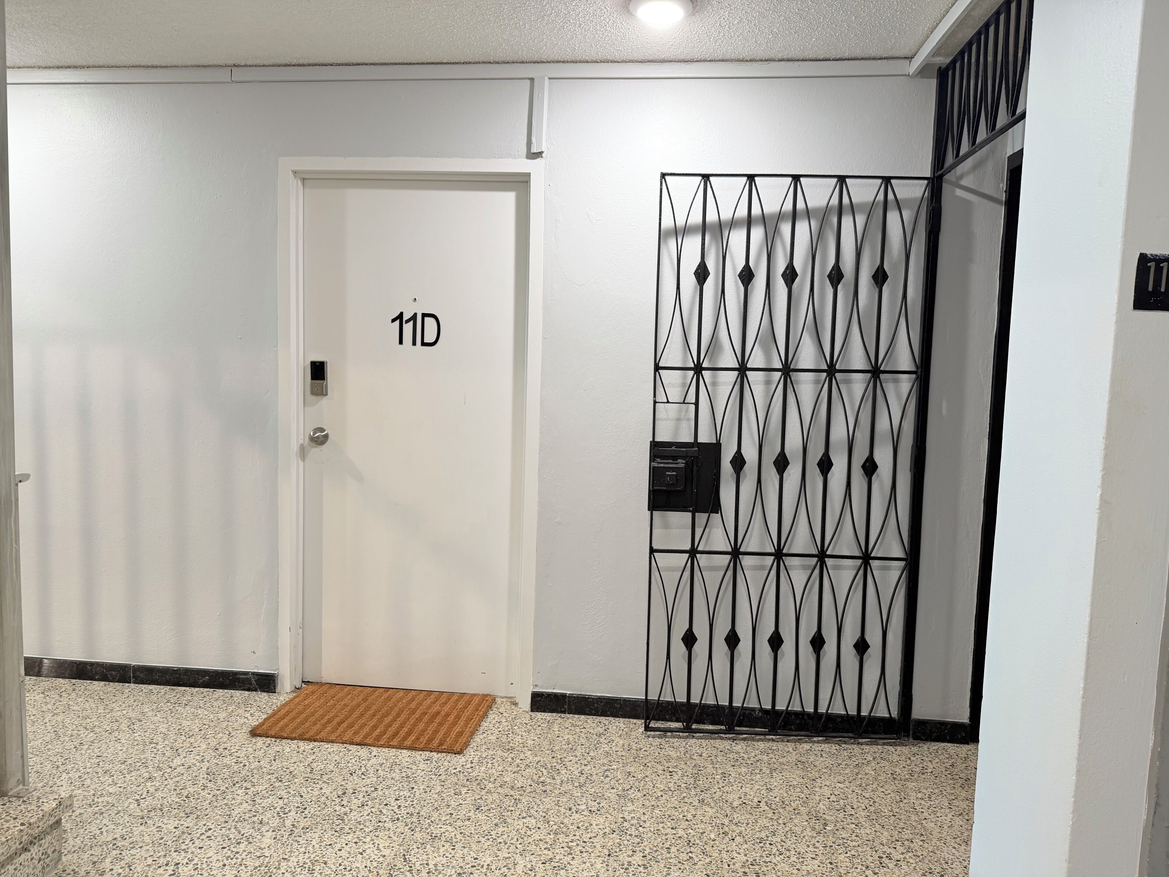 Un pasillo con una puerta blanca marcada '11D', una reja de metal con un diseño geométrico y un felpudo sobre un piso moteado.