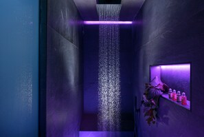 Een moderne badkamer met een wandfontein, een plankje met toiletartikelen en een potplant.