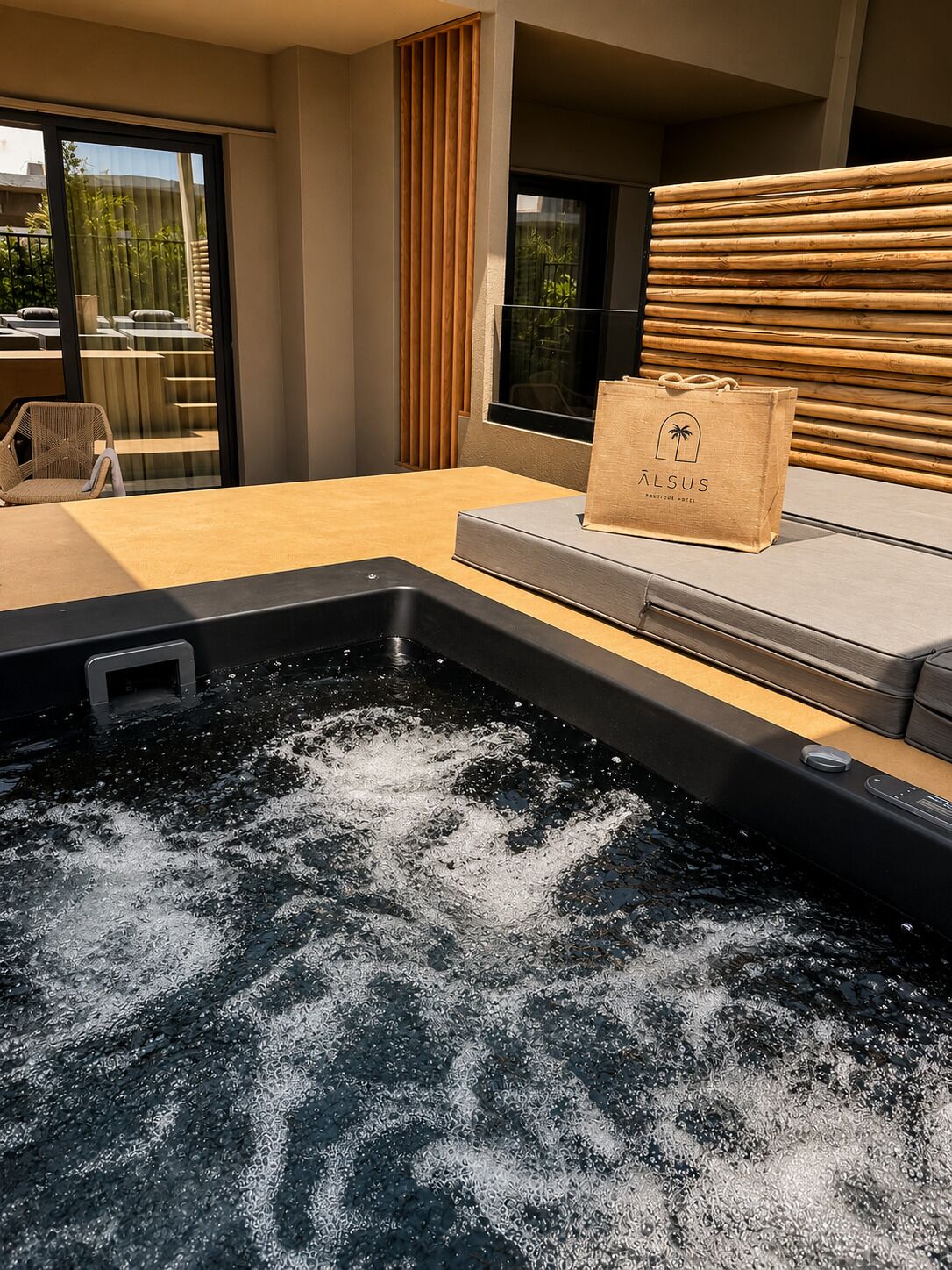 Een moderne hotelkamer met een groot raam, een wand van houten latten, een tafeltje met een tas, en een jacuzzi.