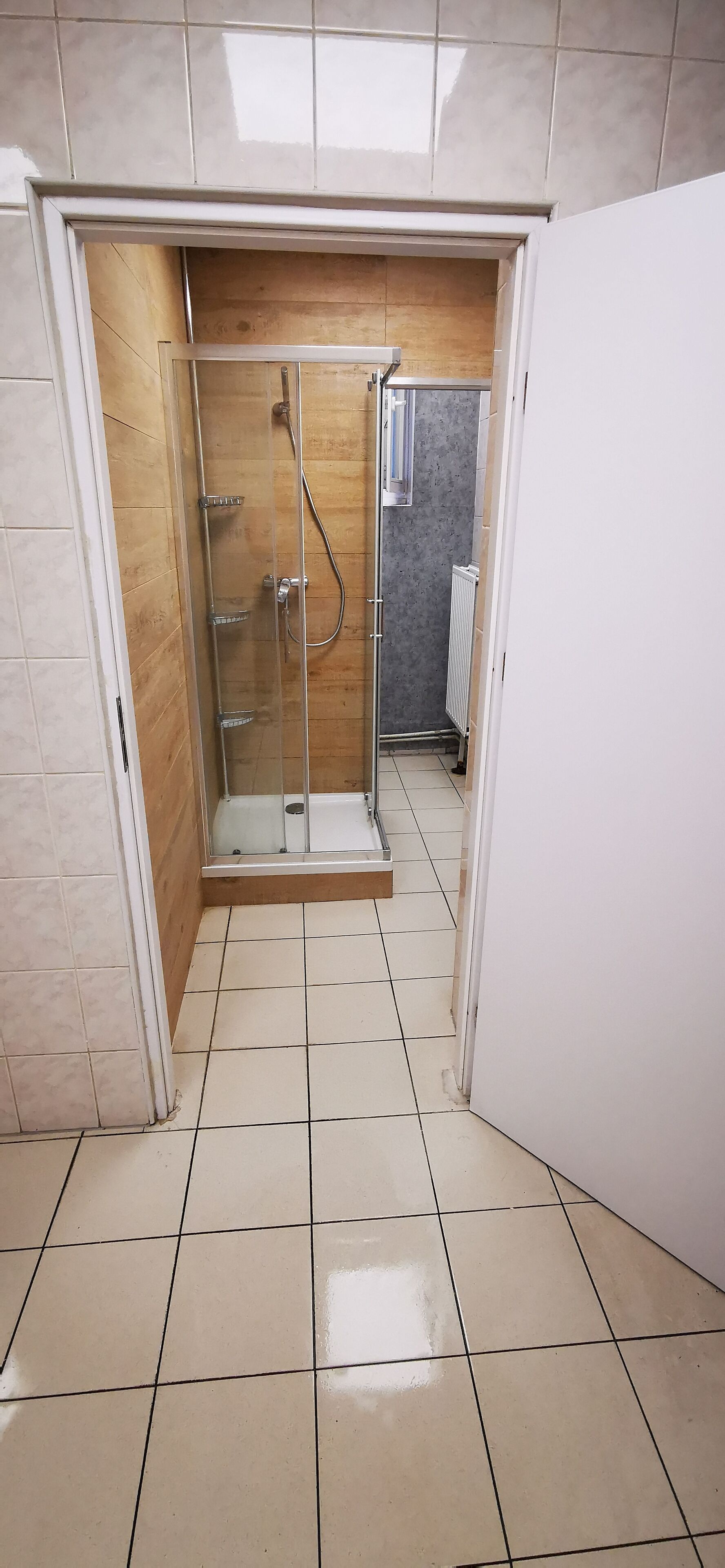 A shower area with a glass door, a tiled floor, and a radiator in the background.