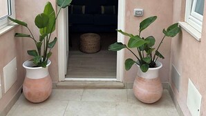A hallway with two potted plants, a door leading to a room, and a wall-mounted light fixture. - RUA 39 fine apartments 4 (Syracuse)