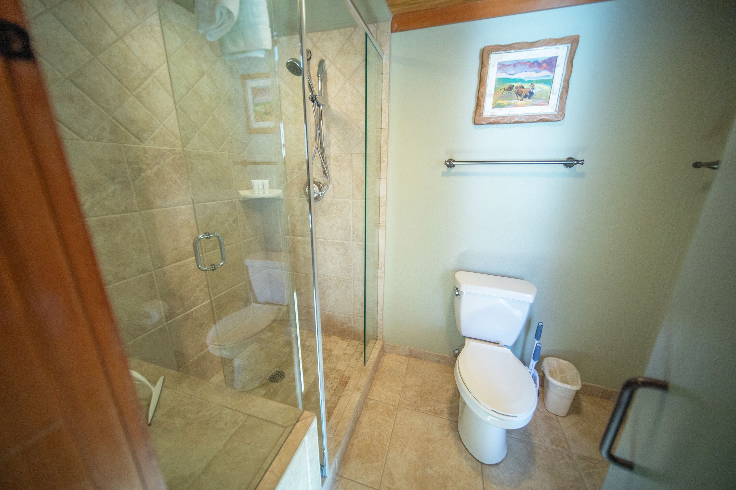 A bathroom with a glass-enclosed shower, two toilets, and a towel rack.