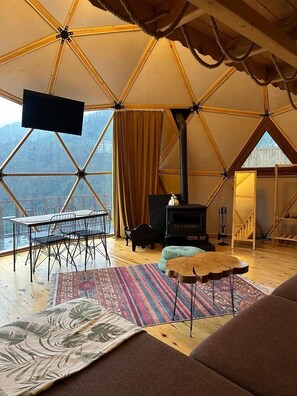 Exclusive Triple Room | Living area | 44-inch Smart TV with digital channels, TV, fireplace - Limkhona Dome-Chalet  (Camlihemsin)