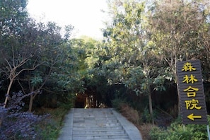 A pathway leading to a building entrance with a sign indicating the direction to the main hall. - Tianzi Lake Ecological Resort (Xiaogan)