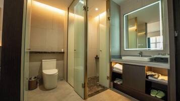 A modern bathroom with a glass shower enclosure, a toilet, a vanity with a mirror, and a sink.