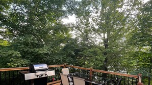 Une terrasse en bois équipée d’un barbecue, de chaises et d’une rambarde en verre, donnant sur une zone boisée.