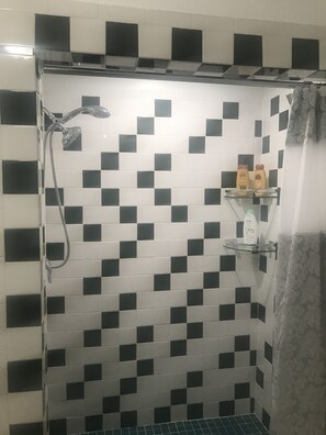 Hair dryer, towels, soap, shampoo