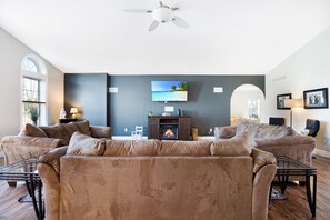 TV, fireplace, table tennis, books