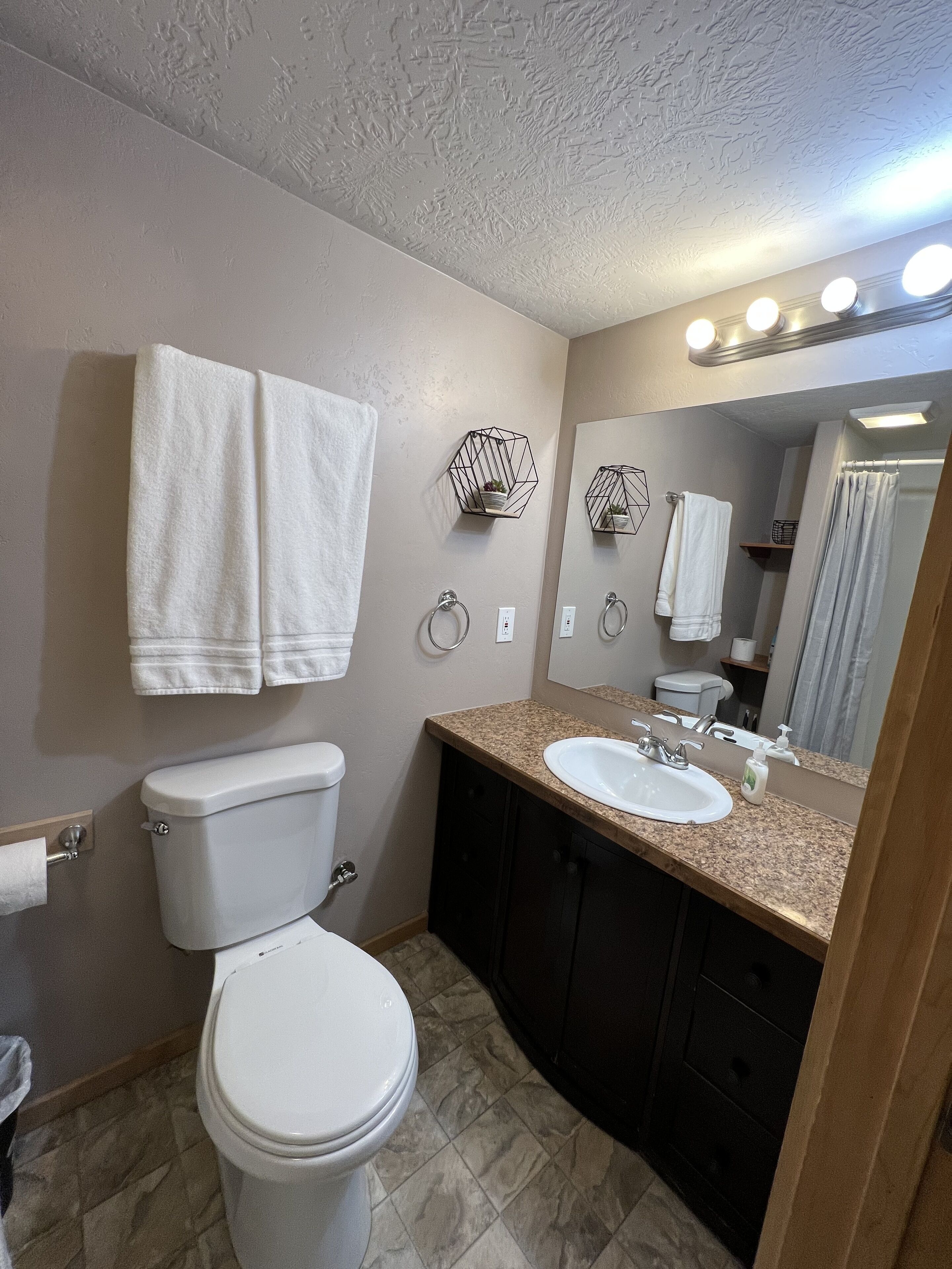 Hårtork, handdukar, tvål och schampo