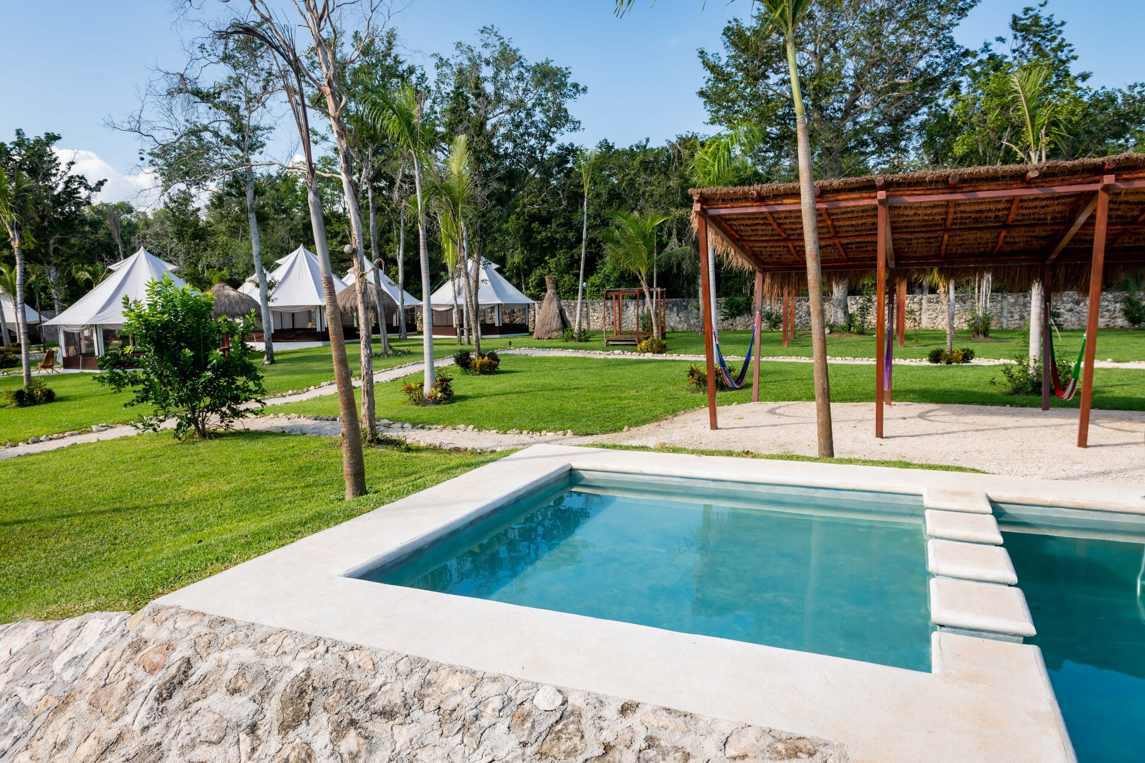 Una piscina con borde de piedra, rodeada por un área cubierta de césped con palmeras y una estructura de techo de paja.