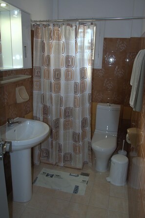 A bathroom with a sink, toilet, and shower curtain.