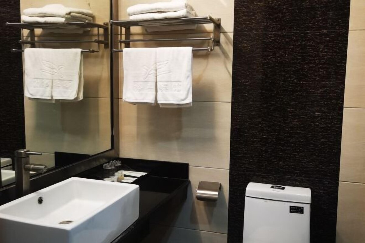 A modern bathroom with a white sink, black countertop, and a mirror. There are two towel racks with folded towels and a toilet paper holder.