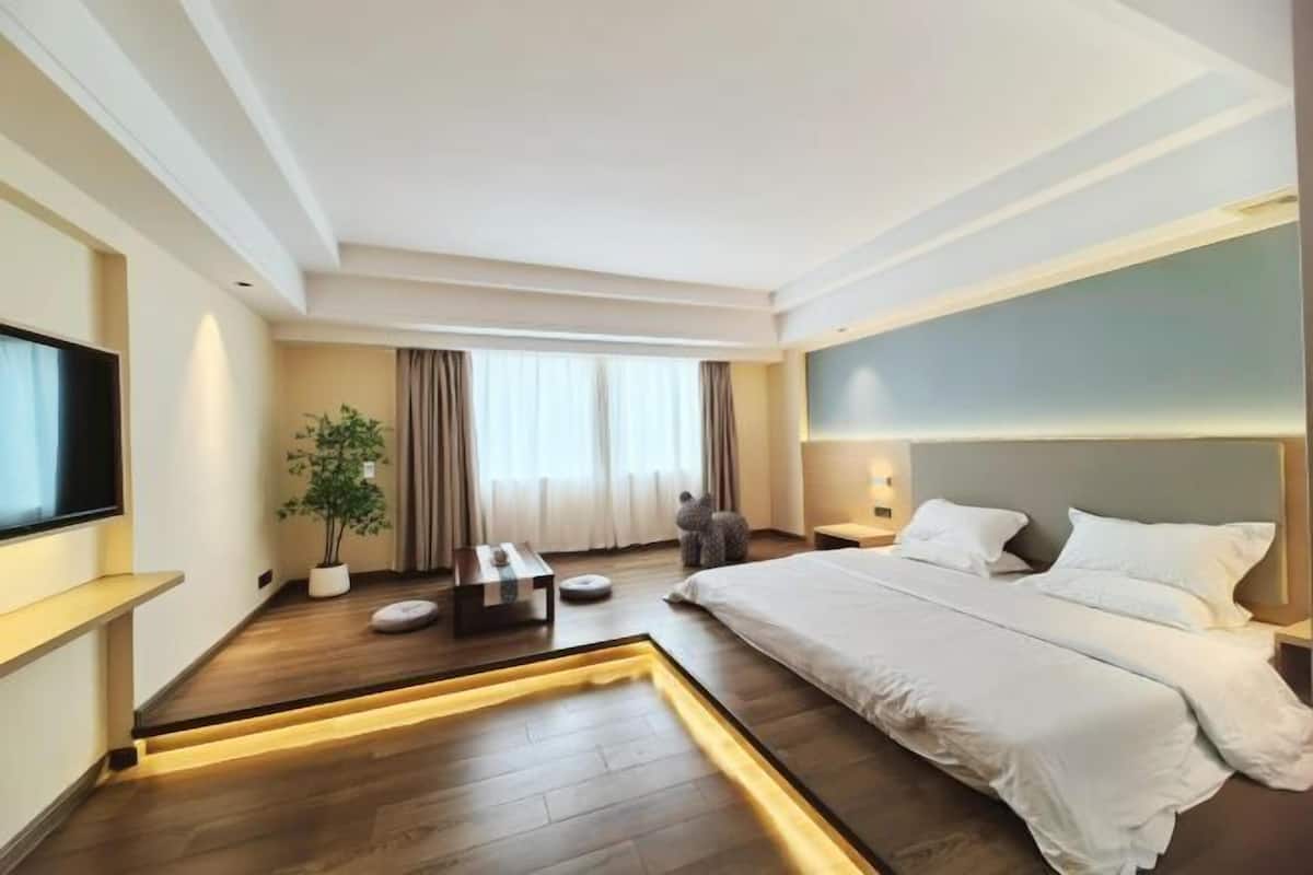 A modern hotel room with a large bed, a flat-screen TV, a potted plant, and a small seating area.