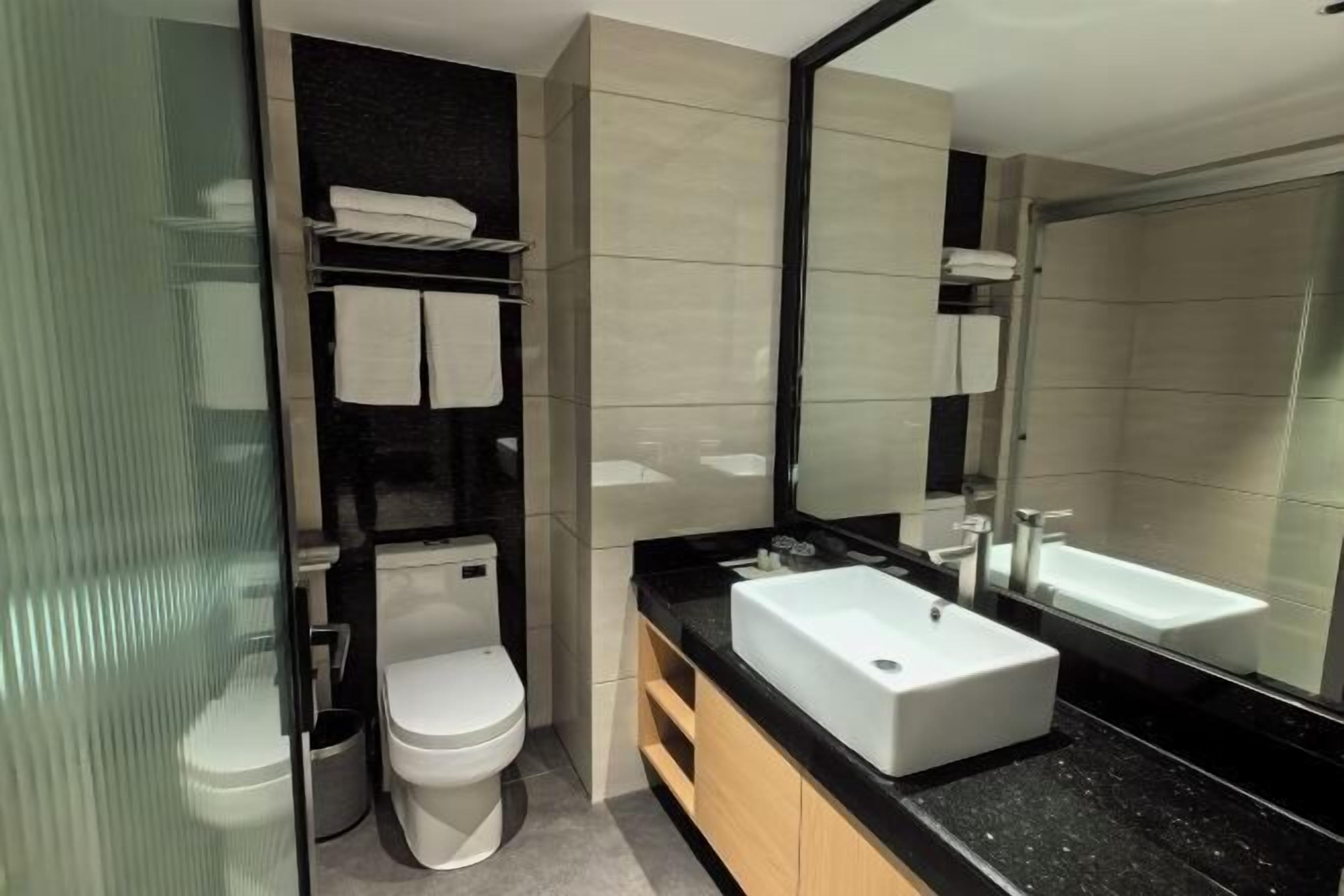 Een moderne badkamer met toilet, wastafel en een grote spiegel.