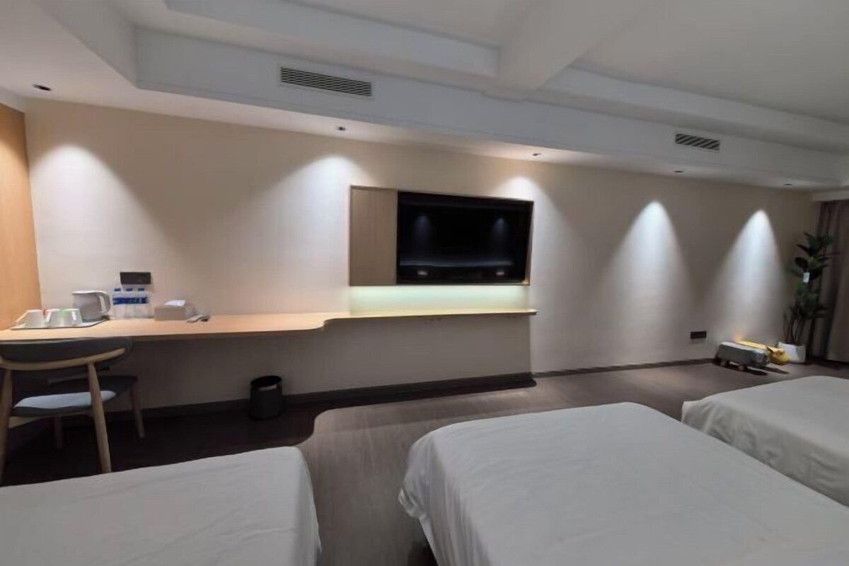 A hotel room with a bed, a desk with a chair, a TV mounted on the wall, and a small plant.