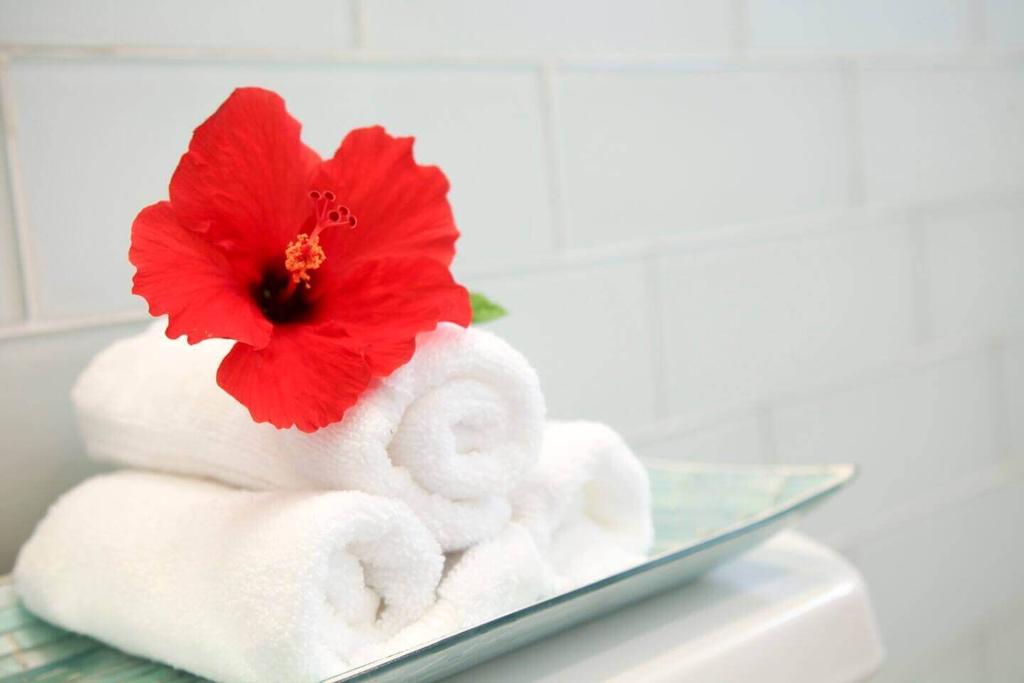 Una pila de toallas blancas con una flor de hibisco roja encima, sobre una bandeja de vidrio en un baño.