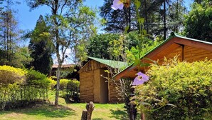 A rustic wooden cabin with a green roof, surrounded by lush greenery and flowering plants. - Pousada Realeza (Atibaia)