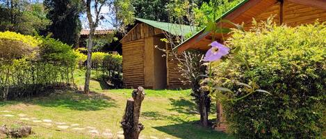 Una cabaña rústica de madera con techo verde, rodeada de abundante vegetación y plantas en flor.