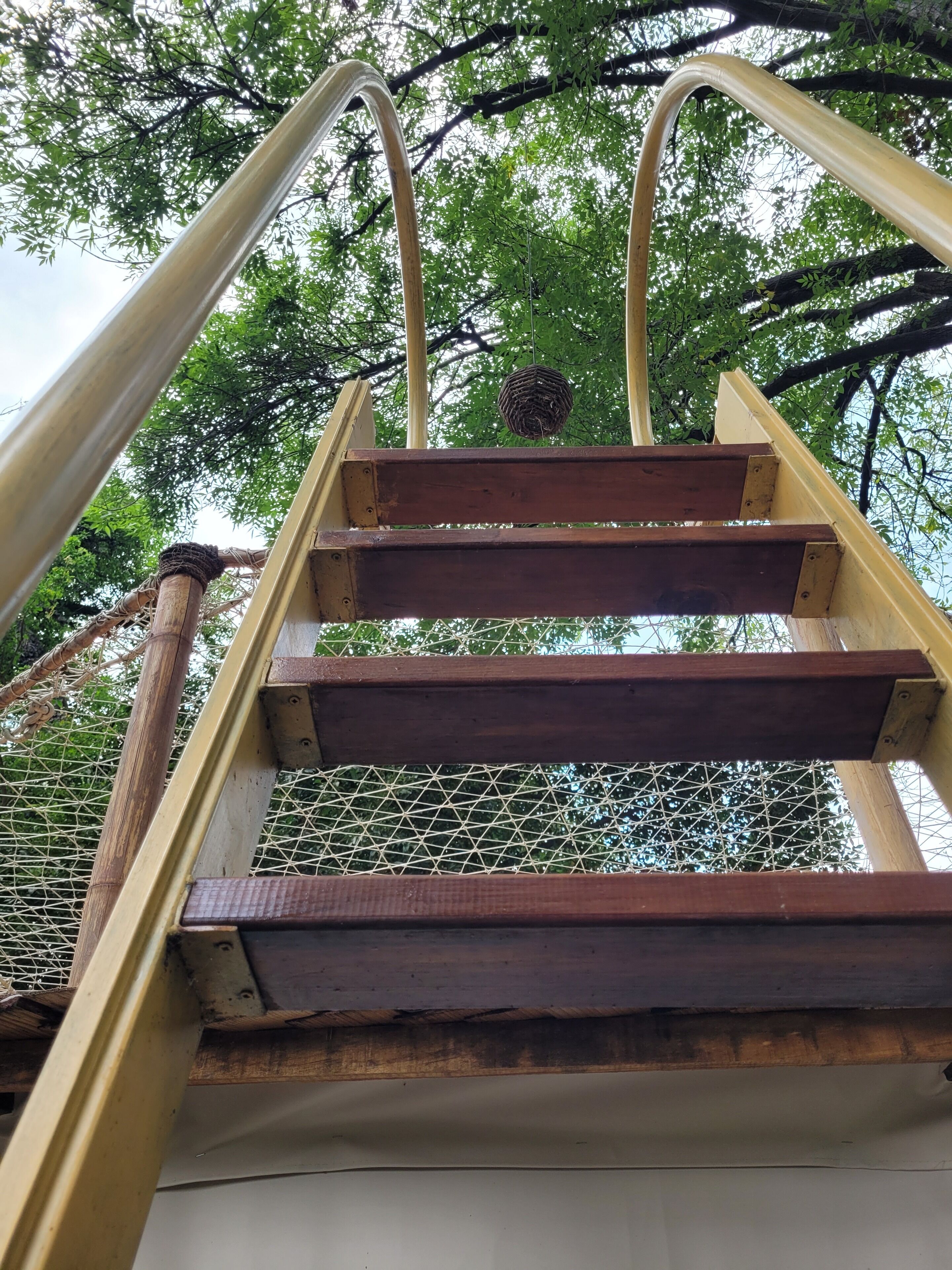 Uma escadaria de madeira com corrimãos de metal, que sobe através de um espaço protegido por uma rede, rodeada por árvores.