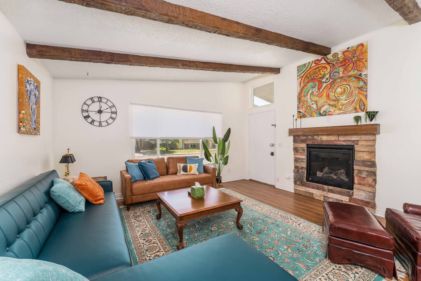 Flat-screen TV, fireplace