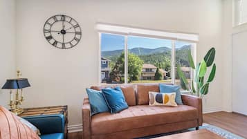 Flat-screen TV, fireplace