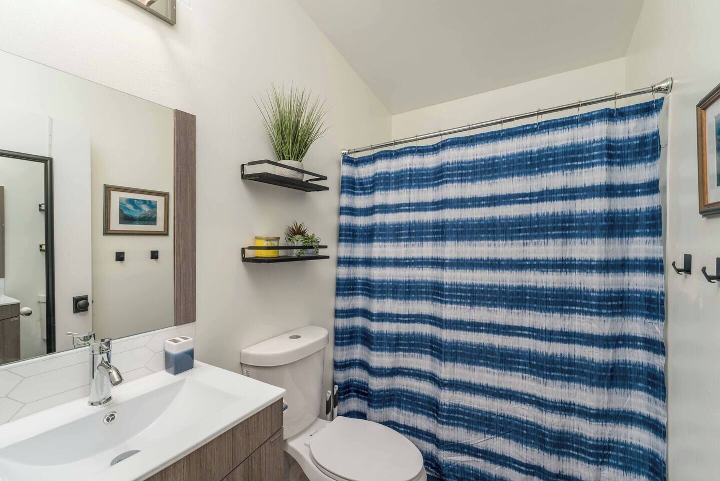 A bathroom with a white sink, toilet, and shower curtain. There are shelves with plants and a framed picture on the wall.