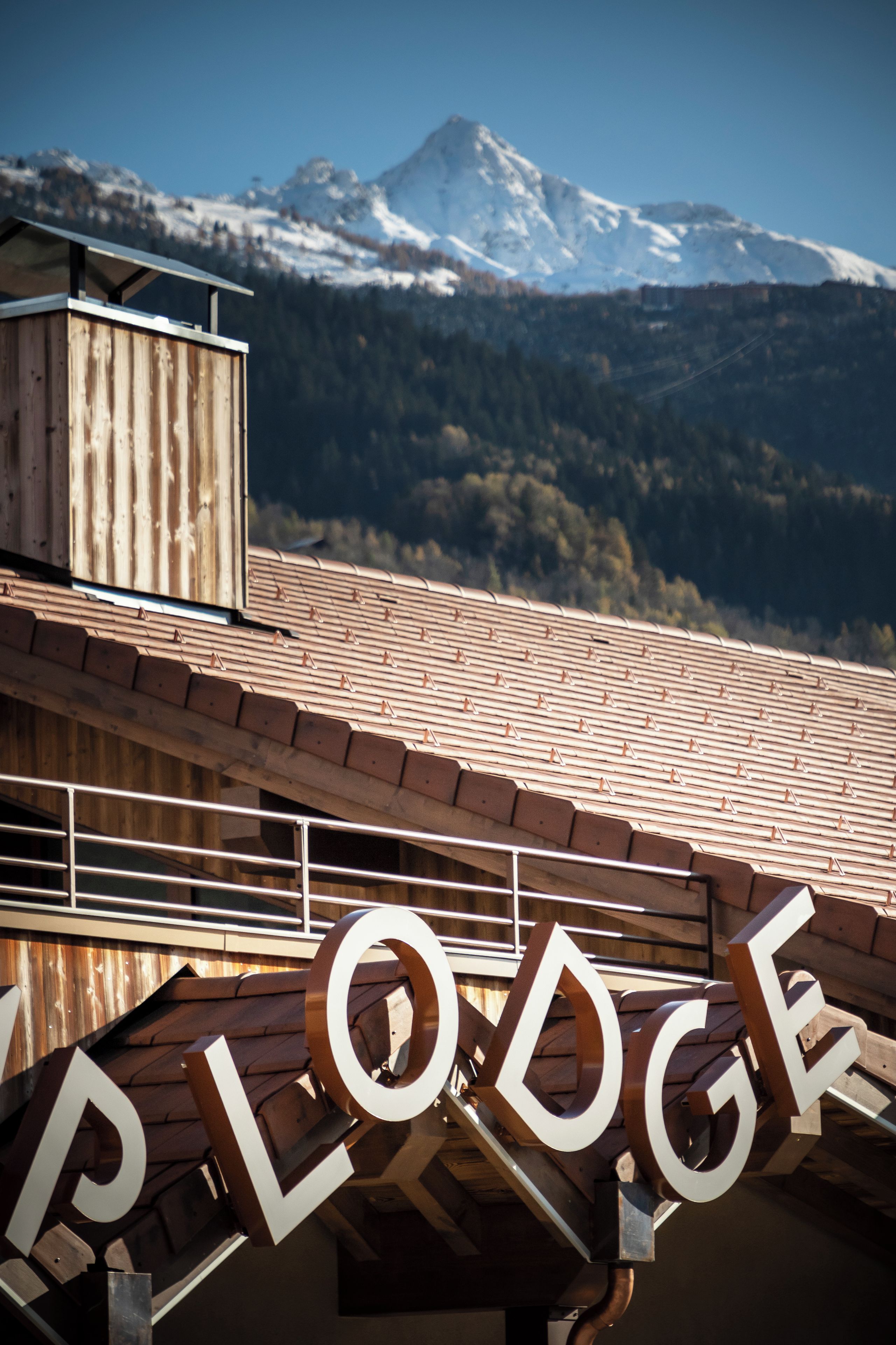 Een lodge met een houten gevel, een metalen dak en uitzicht op besneeuwde bergen op de achtergrond.