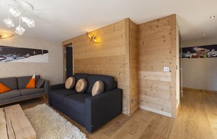 A modern living room with a dark sofa, wooden panel walls, and a light wooden floor.