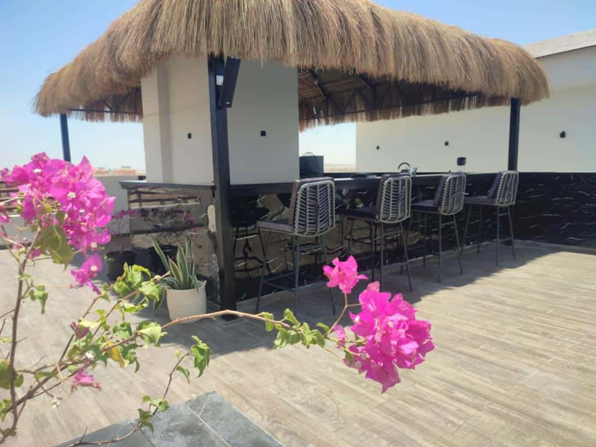 An outdoor patio with a thatched roof, seating area, and potted plants.