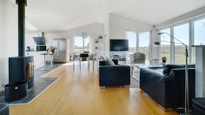 A spacious living area with a modern fireplace, a dining table, and comfortable seating. - Lovely home in Thisted with kitchen (Thisted)