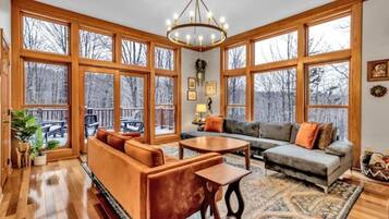 Smart TV, fireplace, video games, DVD player