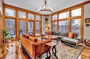 Smart TV, fireplace, video games, DVD player