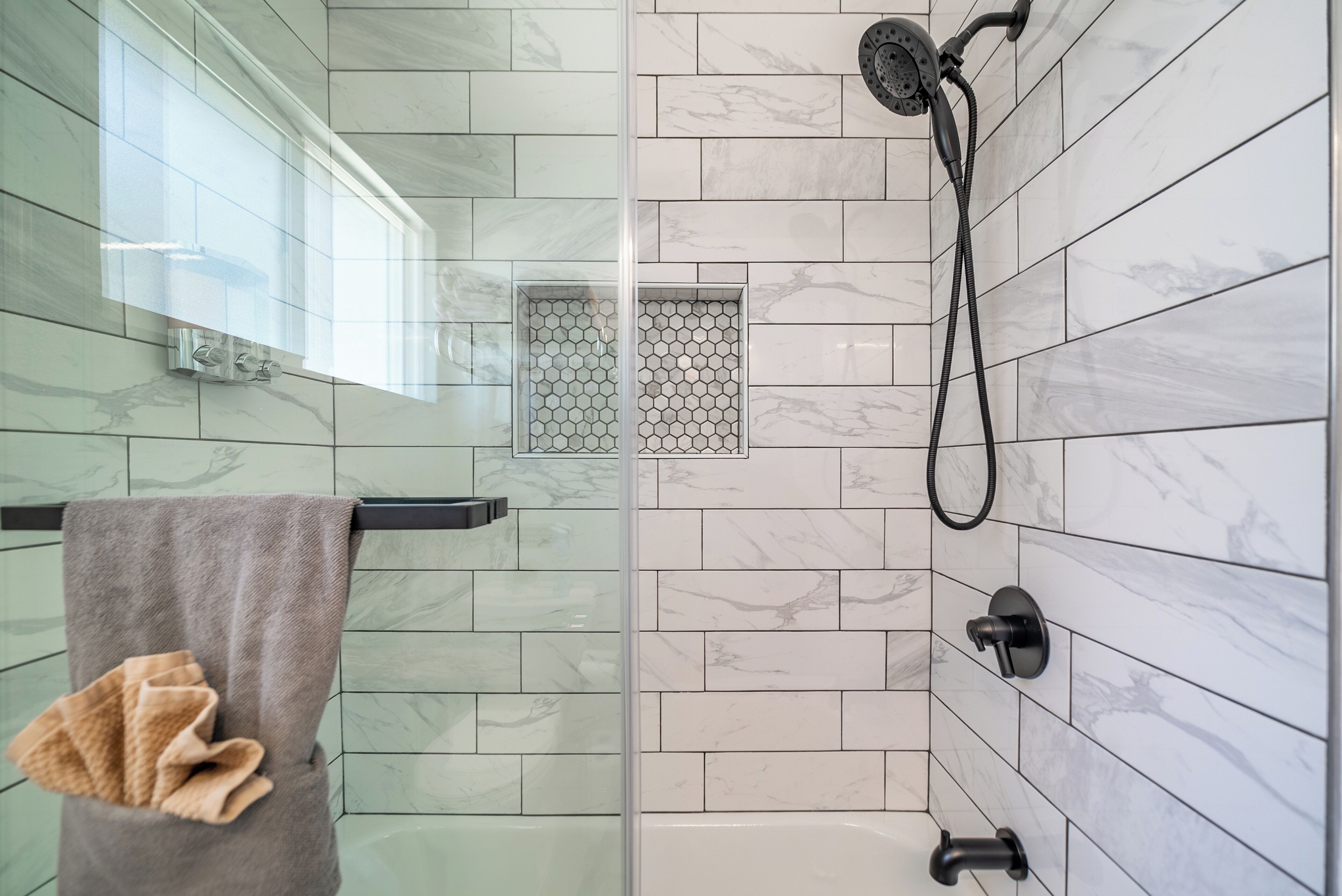 Hair dryer, towels, soap, shampoo