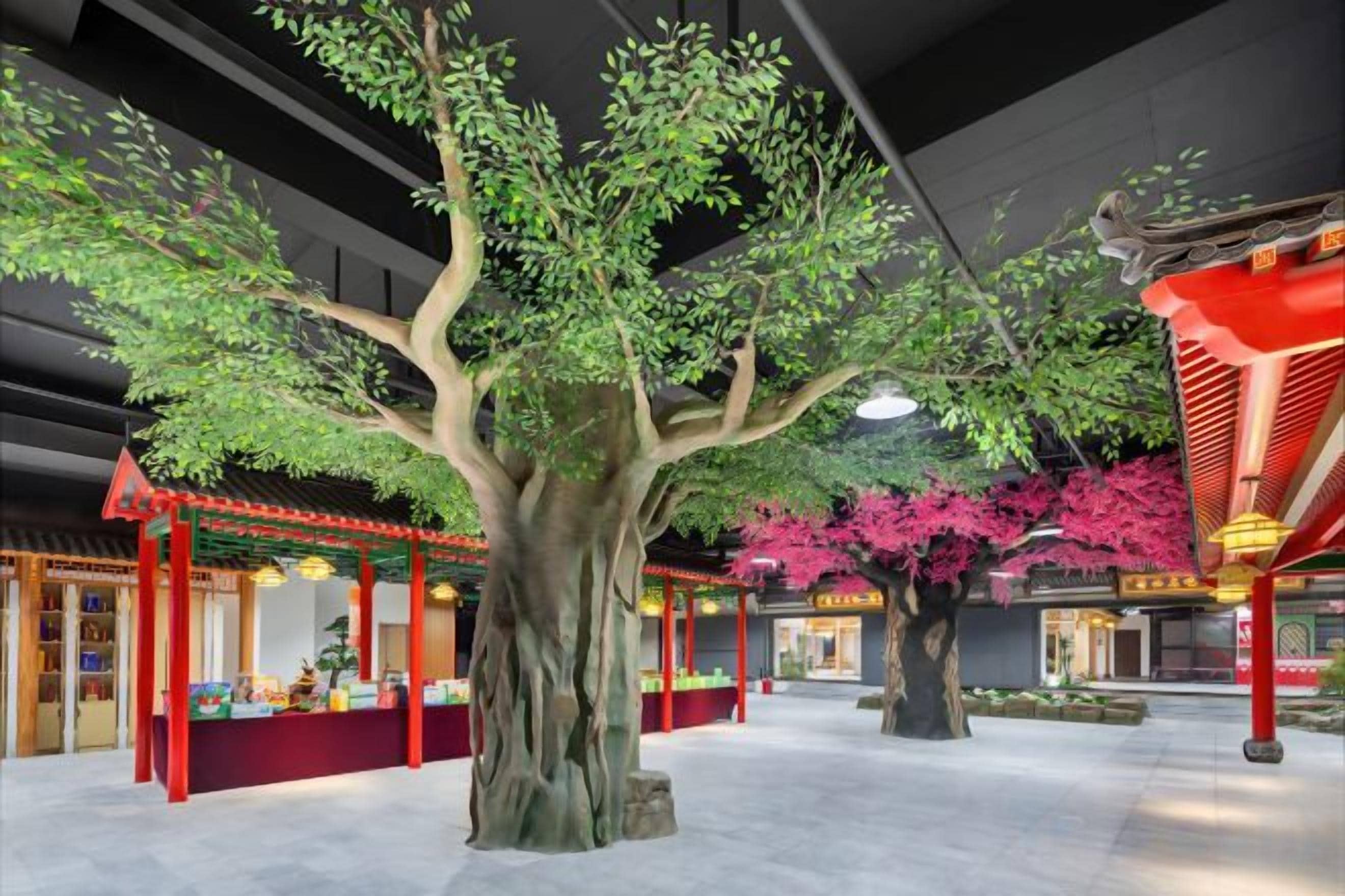Un árbol con una estructura arquitectónica tradicional asiática al fondo.