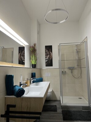 Regadera, secadora de cabello, toallas, papel de baño 