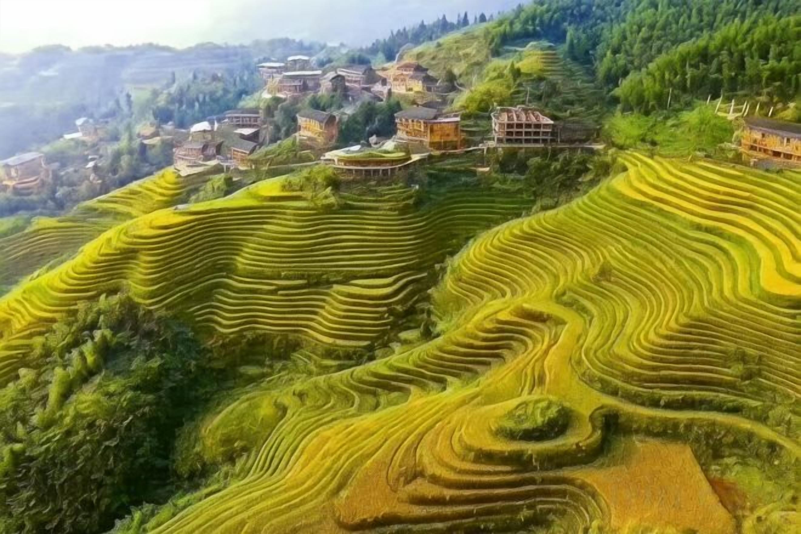 Des terrasses agricoles, avec des bâtiments traditionnels, sur le versant d’une colline.