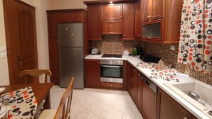 A compact kitchen with wooden cabinets, a refrigerator, a stove, and a sink. - Αρχοντικό Δρυάδες 1 (Belokomiti)