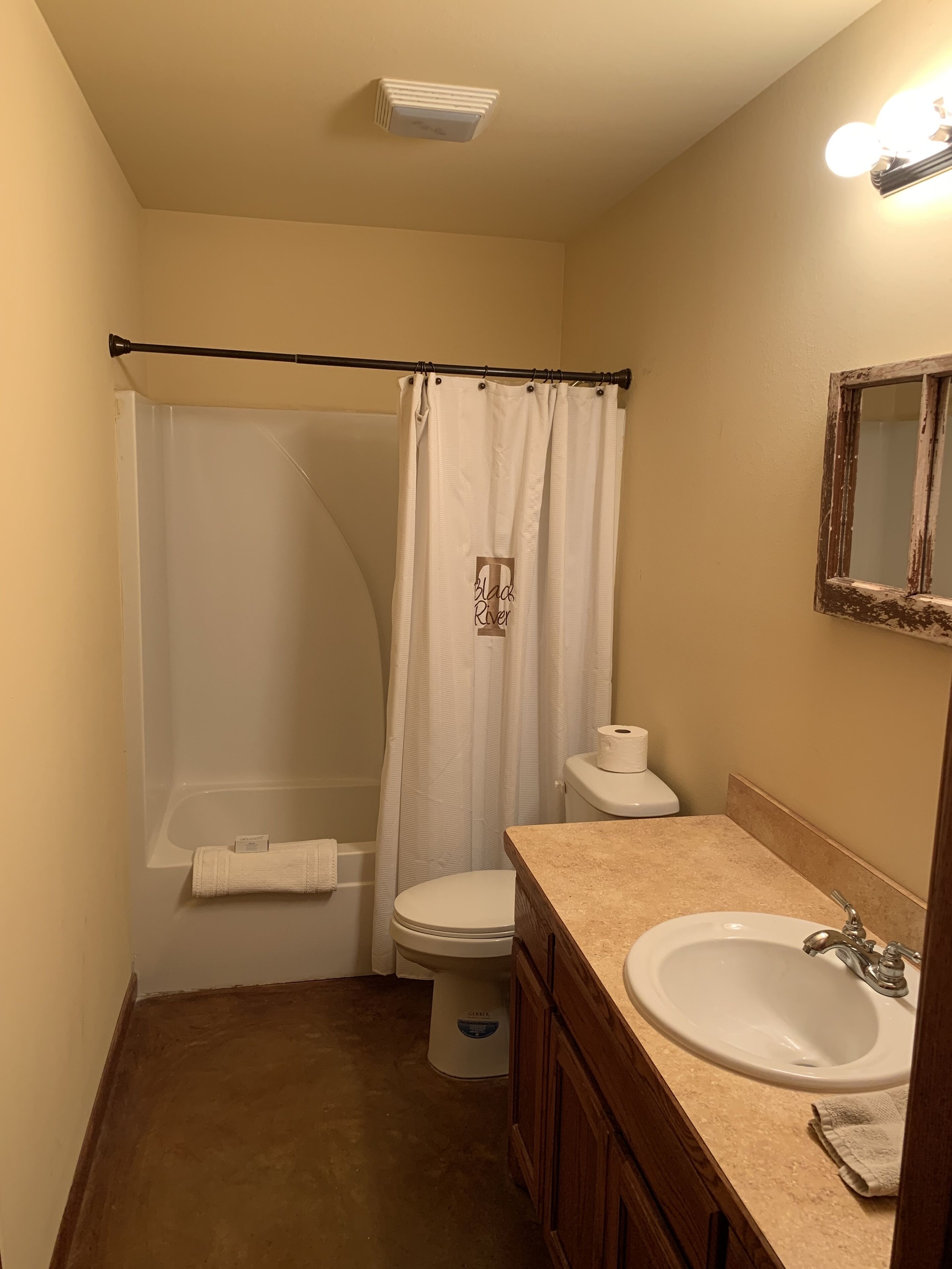 Baño con ducha, inodoro, lavamanos y espejo.