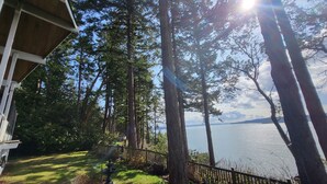 A view of a lake with tall trees and a wooden deck. - Amazing Views and Whale Watching from Indoors and Outside, with AC! (Camano)