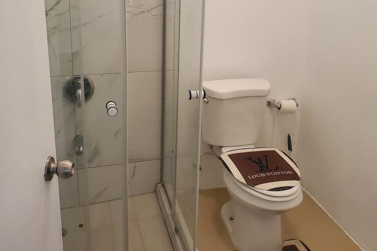 A bathroom with a glass-enclosed shower, a toilet with a Louis Vuitton mat, and a white tiled floor.