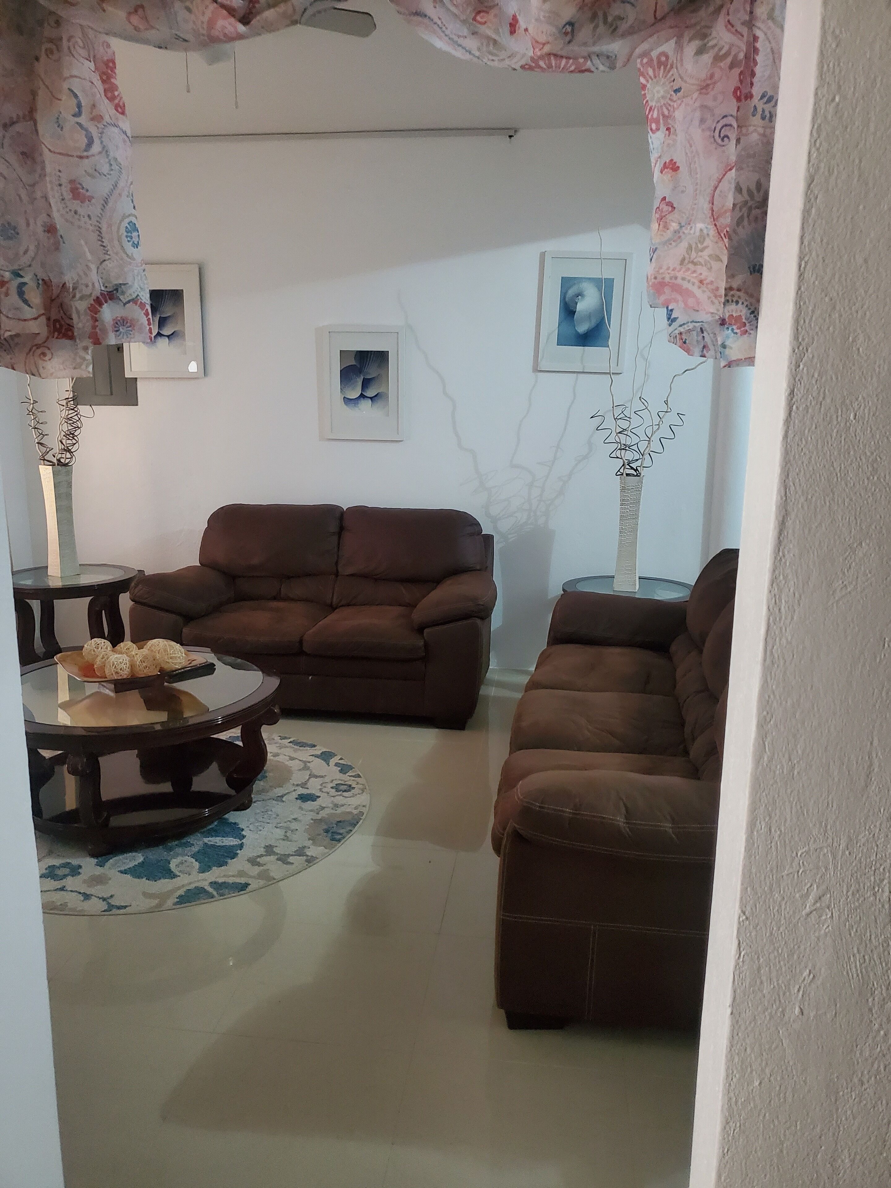 Una sala de estar con un sofá marrón, una mesa de centro de vidrio y una alfombra estampada.