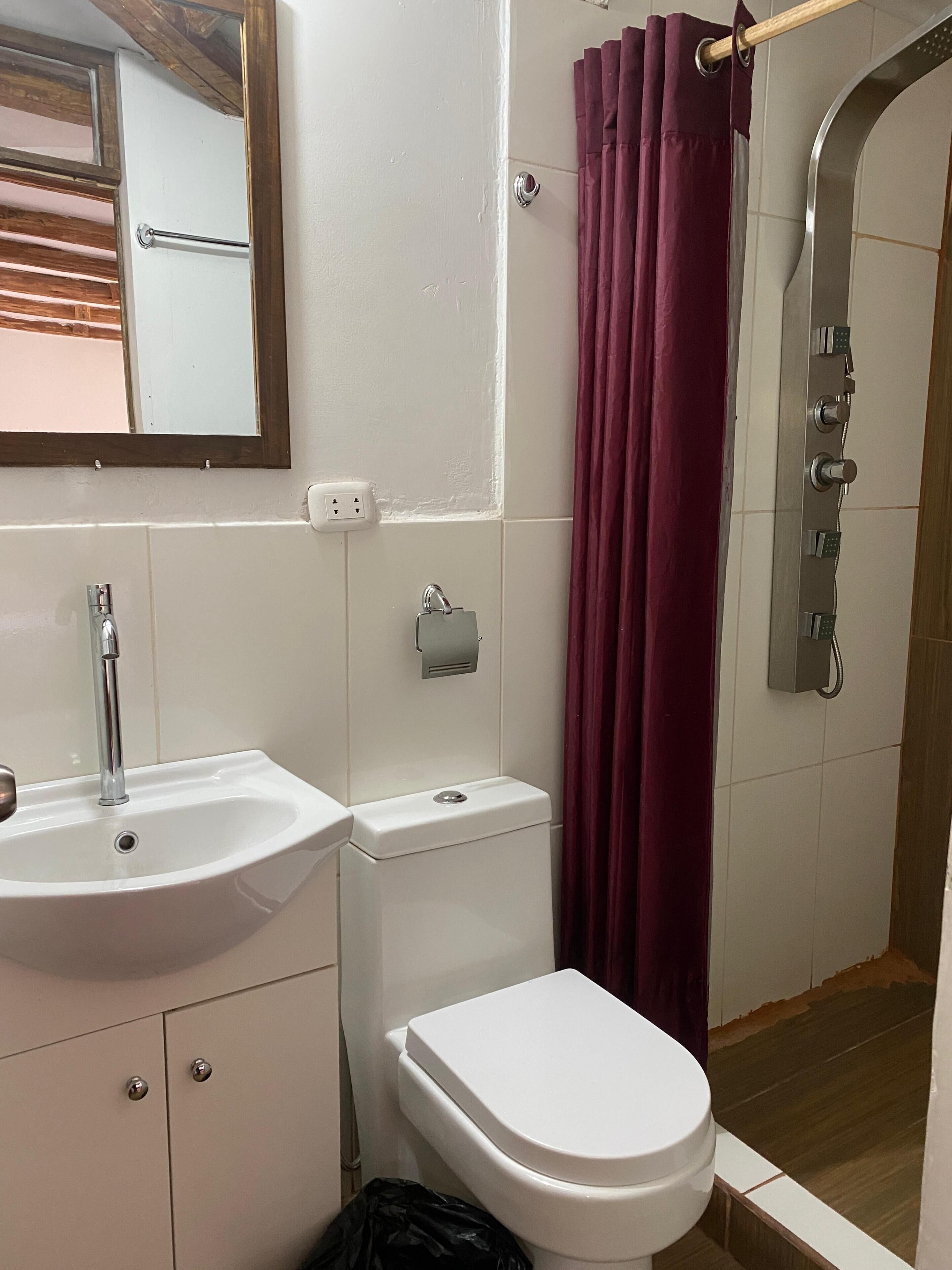 Ein Badezimmer mit Waschbecken, Toilette und Dusche.