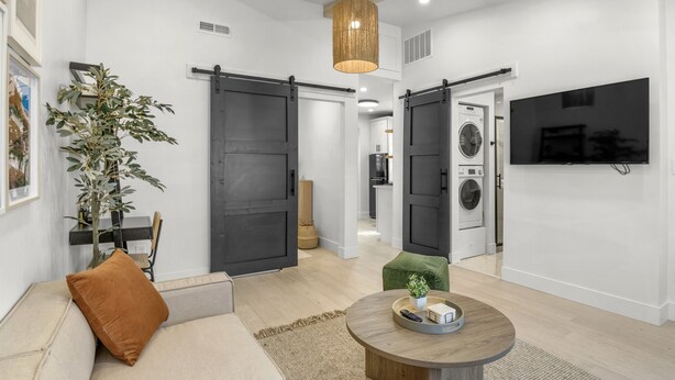 A modern living room with a sofa, a coffee table, a large plant, and a TV mounted on the wall. - Private Luxury Tiny Home (Dearborn Heights)