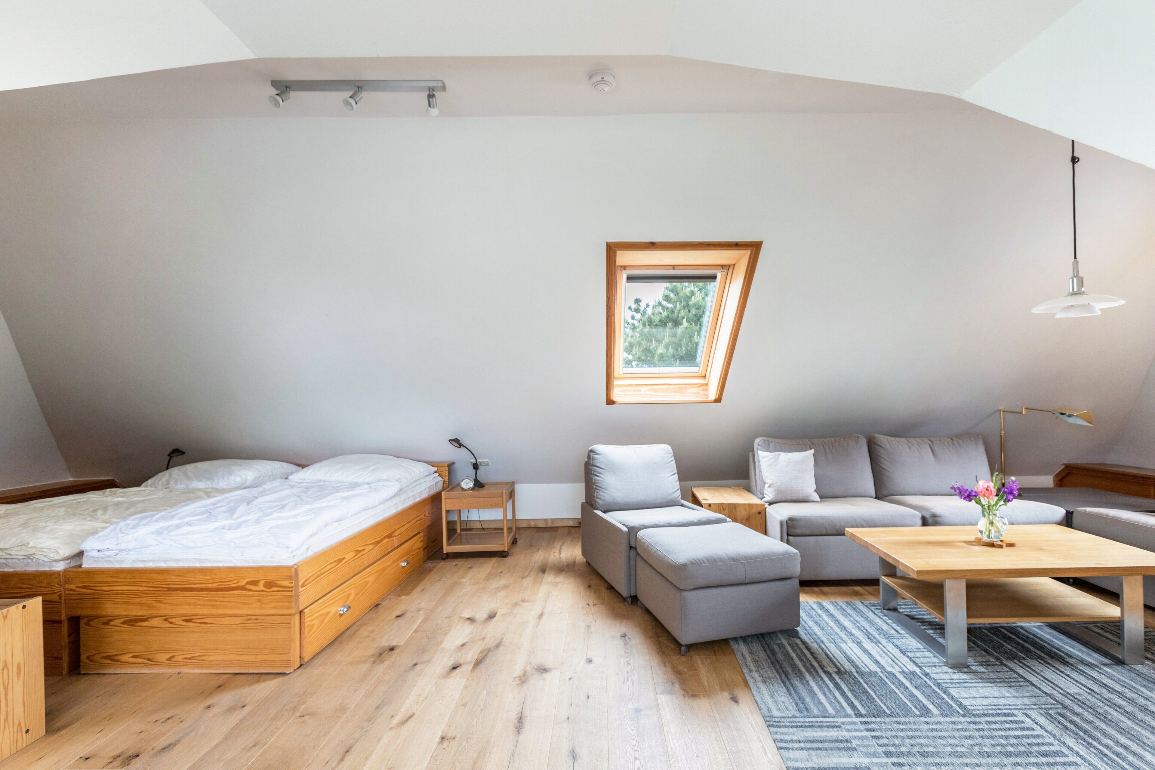 Une chambre de style « loft », avec un lit, un canapé et une table, un plancher en bois et une lucarne.