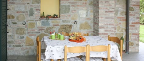 A stone wall with a window, a table with chairs, and a tray with food and drinks.
