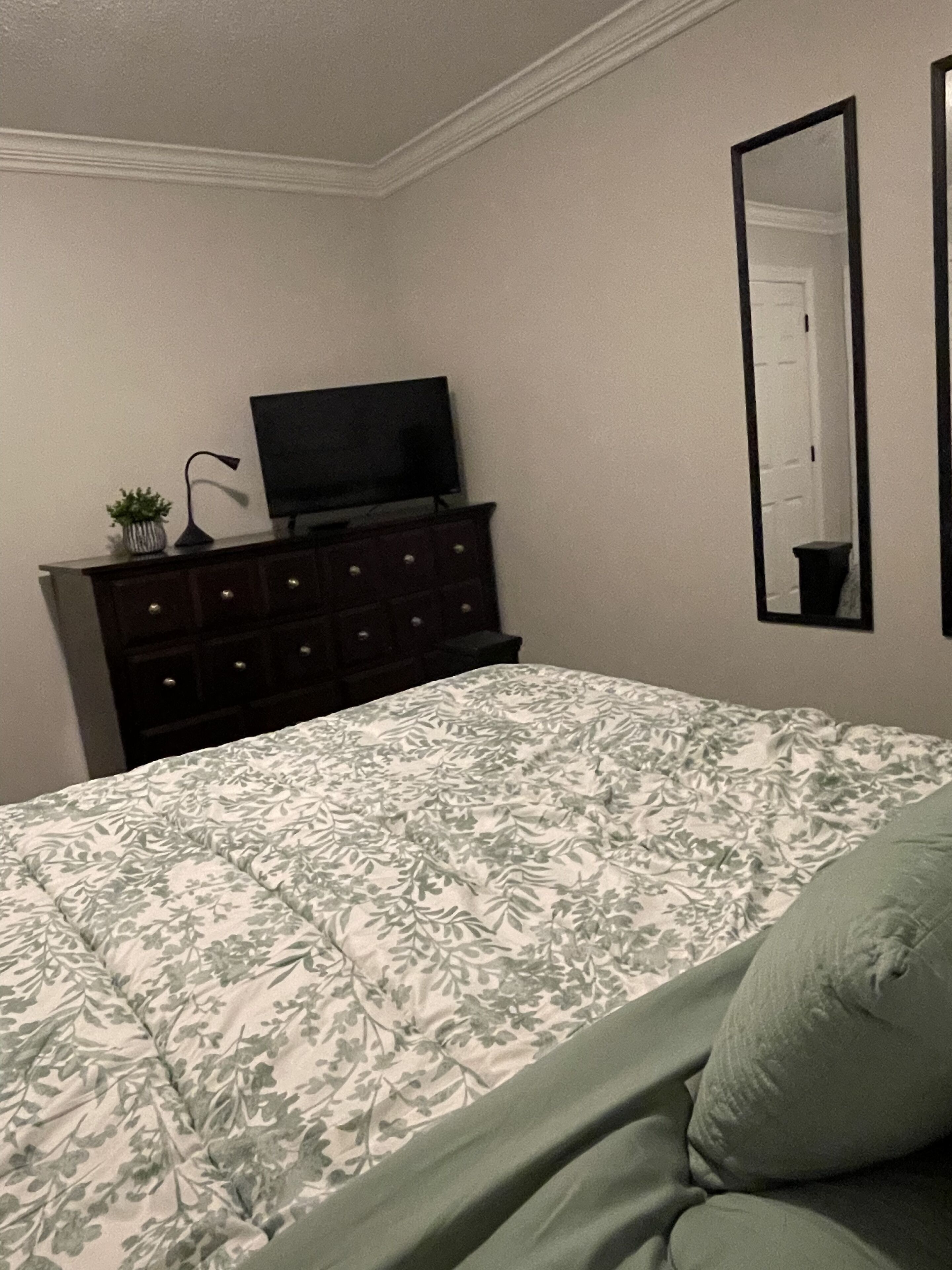 A bedroom with a bed, a dresser, a television, and a mirror.