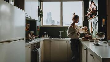 Fridge, microwave, oven, stovetop